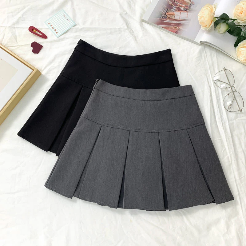 ZOKI Vintage Gray Pleated Skirt Women Kawaii High Waist Mini Skirts Korean Fashion School Uniform Harajuku Streetwear Spring