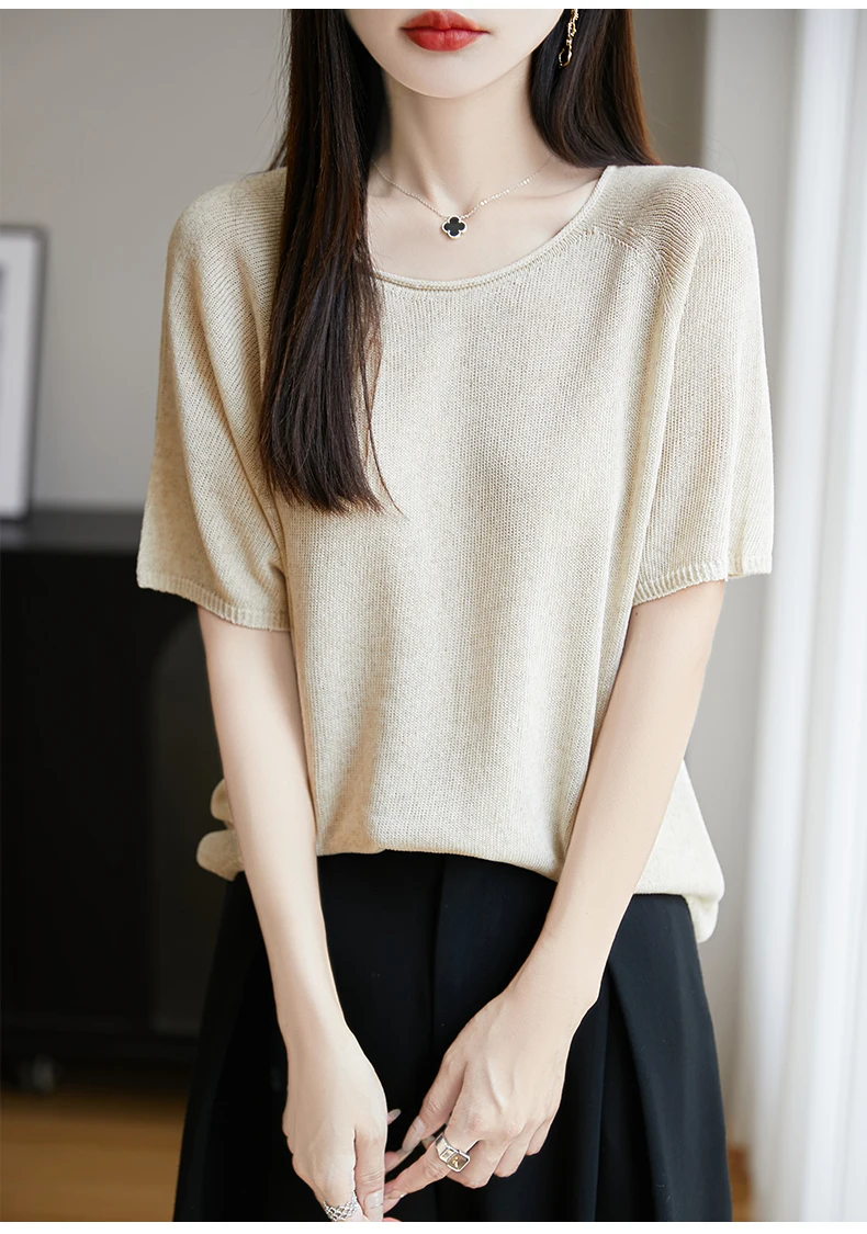 Women Summer Linen Cool T-shirt Slash Neck Light Breathable Anti-wrinkle Tee Basic Model Tshirt Skin-friendly Short Sleeve Tops