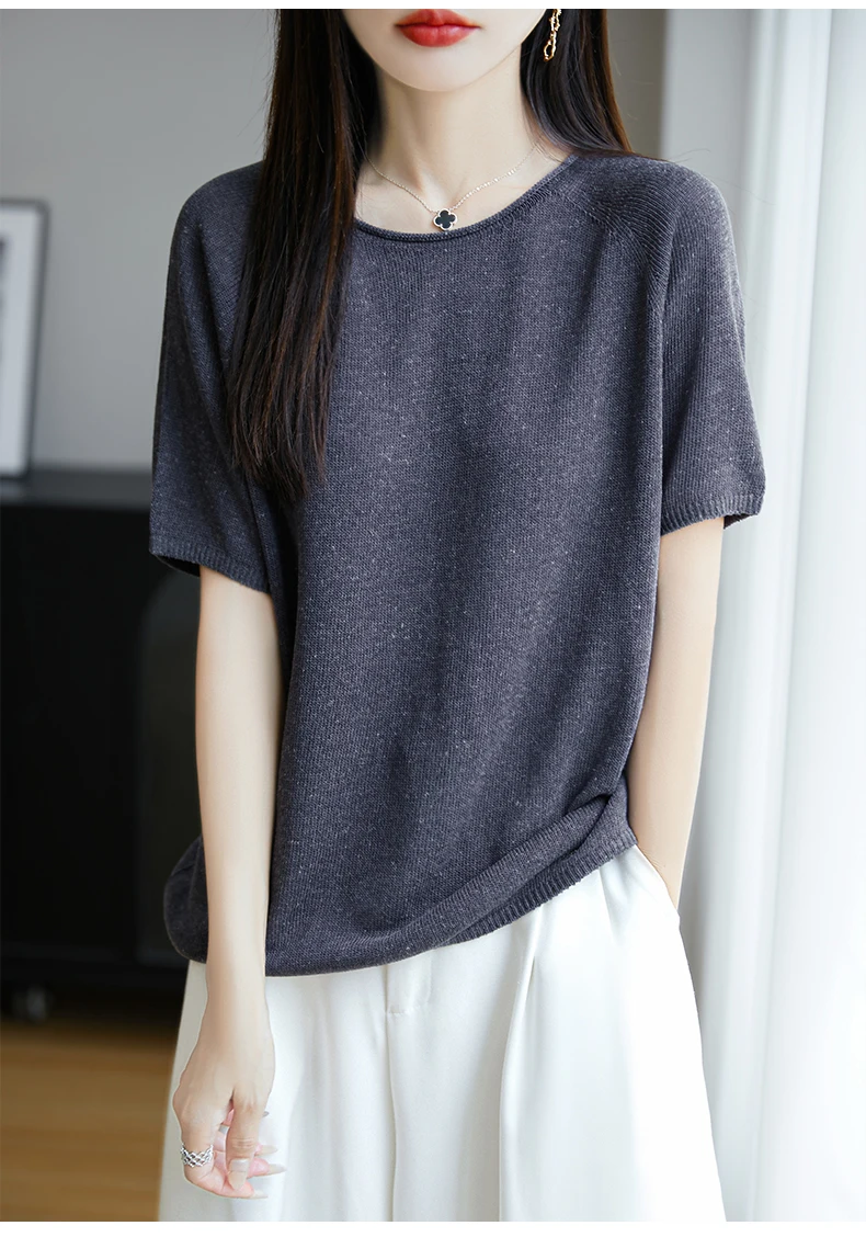 Women Summer Linen Cool T-shirt Slash Neck Light Breathable Anti-wrinkle Tee Basic Model Tshirt Skin-friendly Short Sleeve Tops