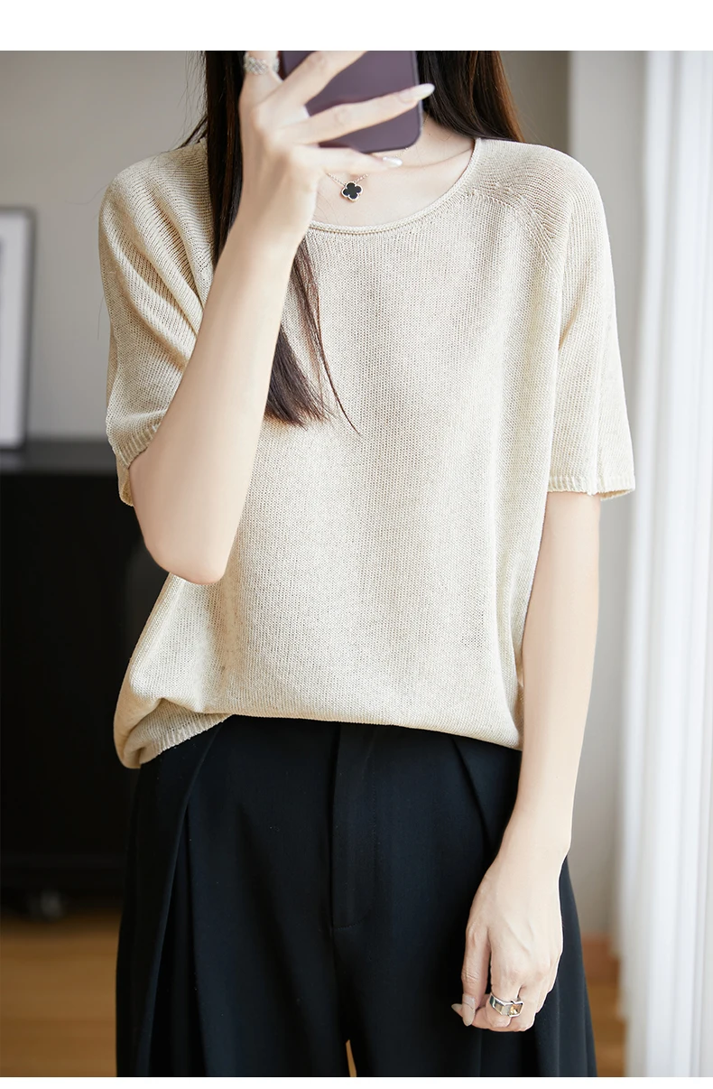 Women Summer Linen Cool T-shirt Slash Neck Light Breathable Anti-wrinkle Tee Basic Model Tshirt Skin-friendly Short Sleeve Tops
