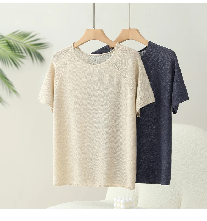 Women Summer Linen Cool T-shirt Slash Neck Light Breathable Anti-wrinkle Tee Basic Model Tshirt Skin-friendly Short Sleeve Tops