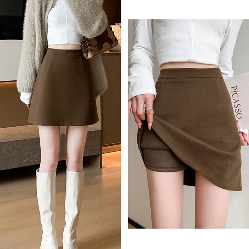 Autumn Winter Anti-Exposure Woolen Mini Skirt Women Korean College Style Short Skirts New Thicken Warm High Waist A-Line Skirt