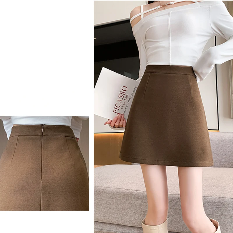 Autumn Winter Anti-Exposure Woolen Mini Skirt Women Korean College Style Short Skirts New Thicken Warm High Waist A-Line Skirt
