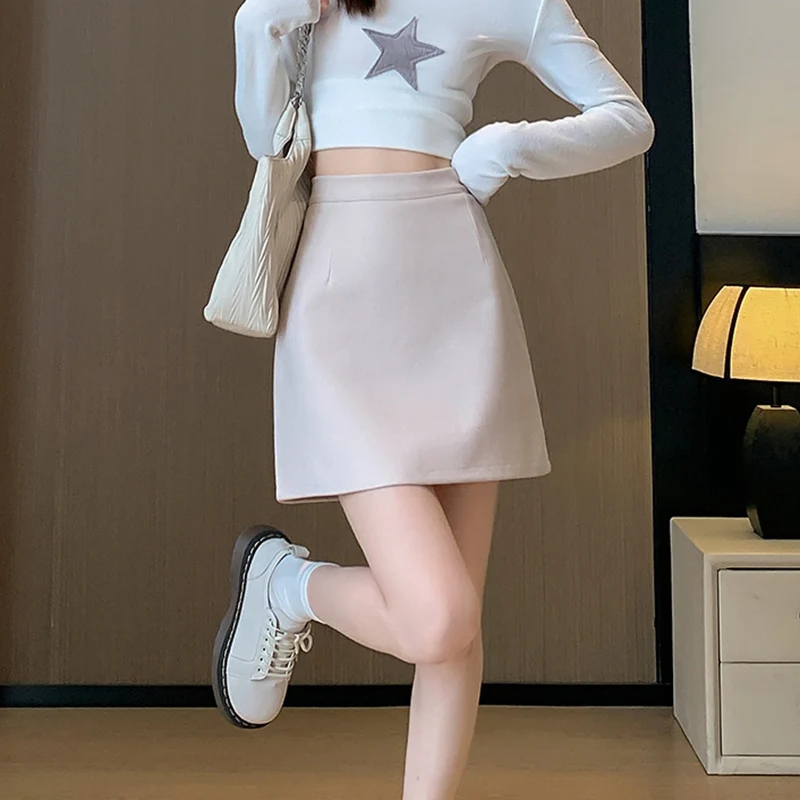Autumn Winter Anti-Exposure Woolen Mini Skirt Women Korean College Style Short Skirts New Thicken Warm High Waist A-Line Skirt