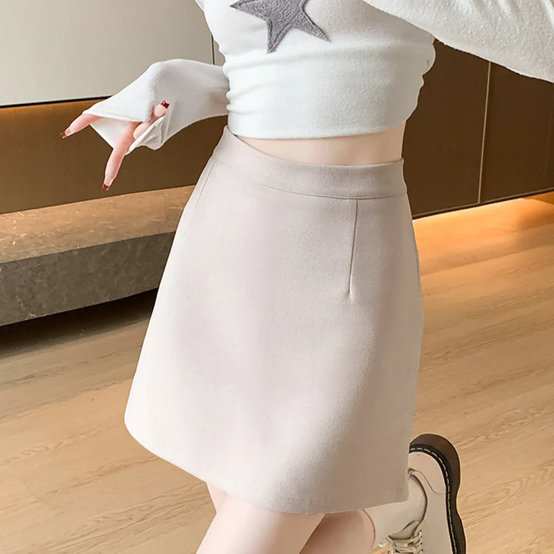Autumn Winter Anti-Exposure Woolen Mini Skirt Women Korean College Style Short Skirts New Thicken Warm High Waist A-Line Skirt