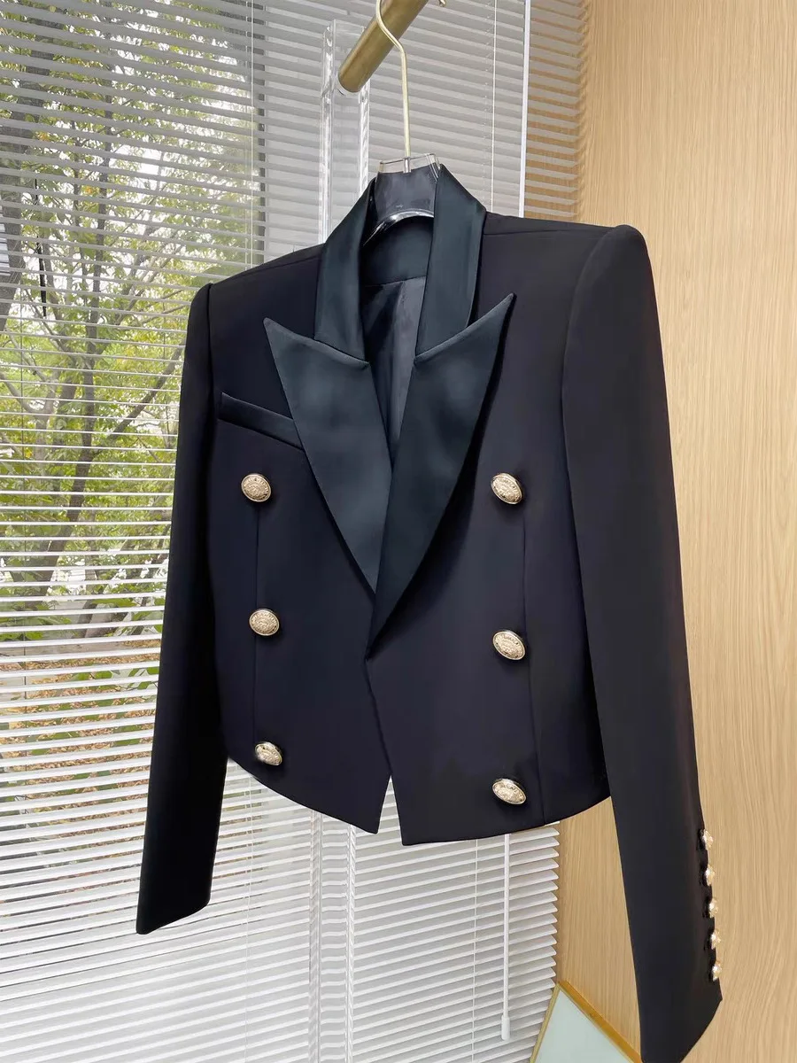 Luxury Brand Autumn Cropped Jackets Women Black Blazer Lapel Metal Button Long Sleeves Office Lady Coat Cropped Blazer Short Top