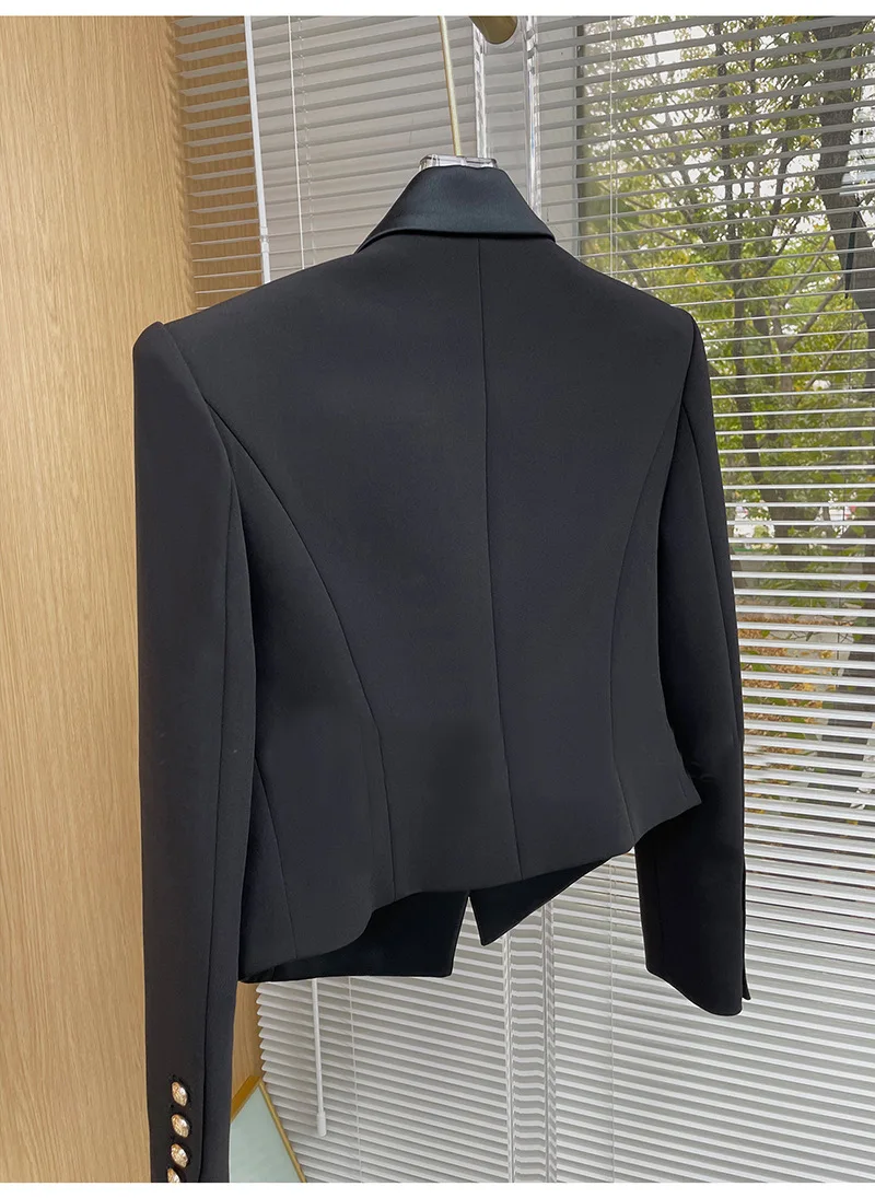 Luxury Brand Autumn Cropped Jackets Women Black Blazer Lapel Metal Button Long Sleeves Office Lady Coat Cropped Blazer Short Top