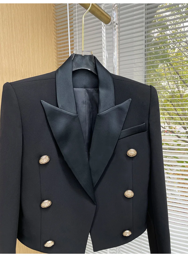 Luxury Brand Autumn Cropped Jackets Women Black Blazer Lapel Metal Button Long Sleeves Office Lady Coat Cropped Blazer Short Top