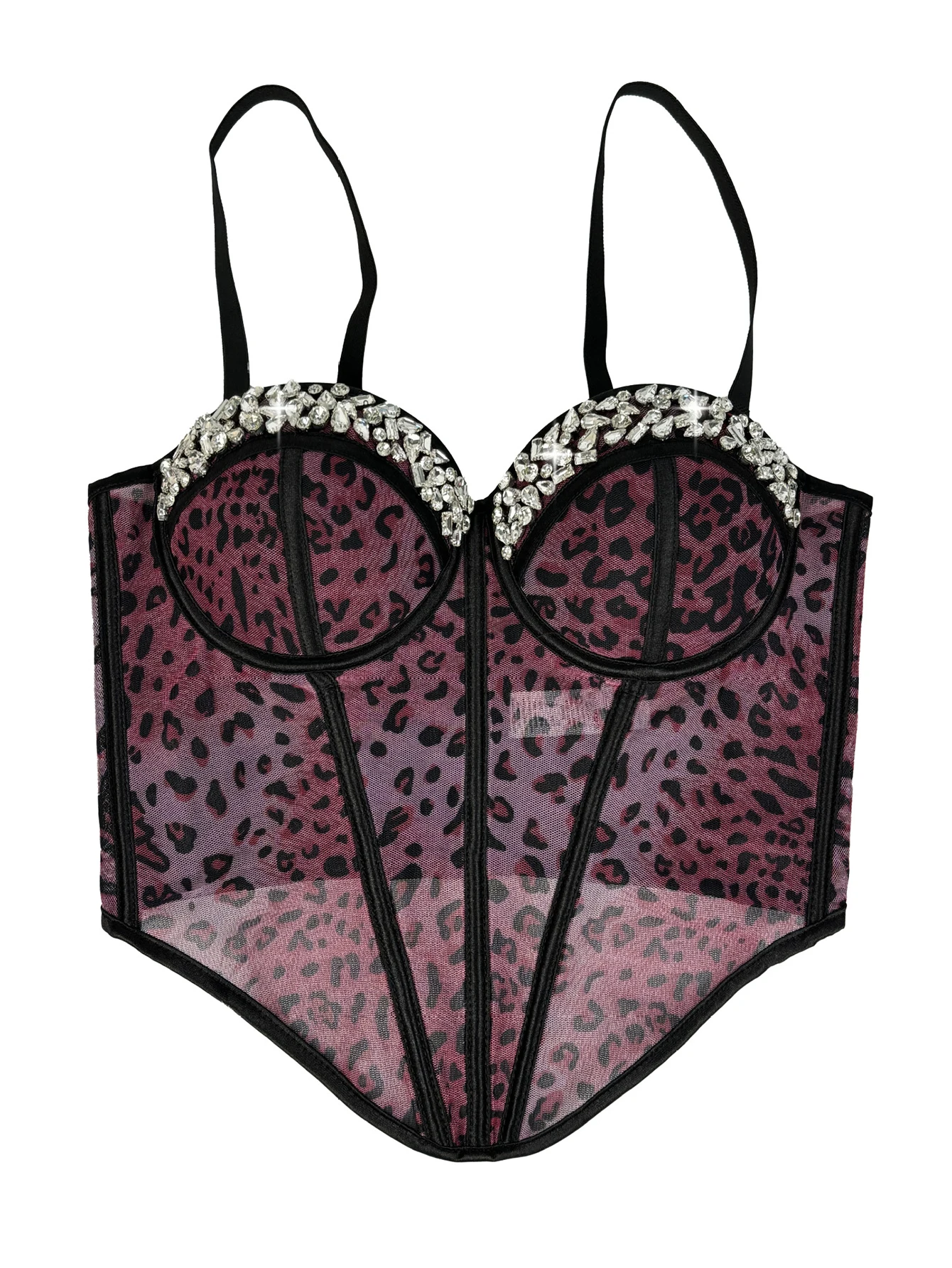 Sexy leopard print rhinestone corset crop top women summer club party tops woman street wear white mesh cropped halter tank top