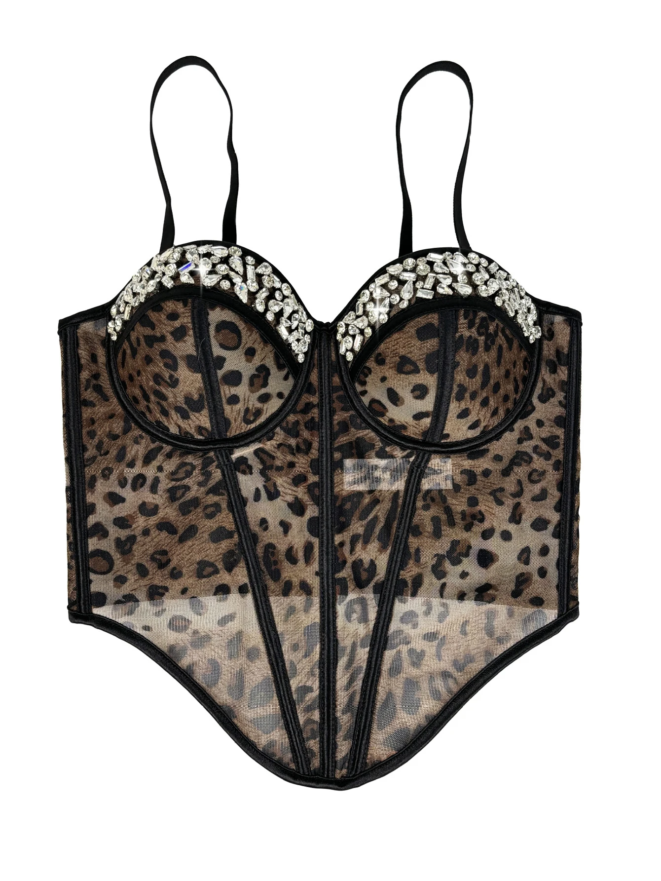 Sexy leopard print rhinestone corset crop top women summer club party tops woman street wear white mesh cropped halter tank top