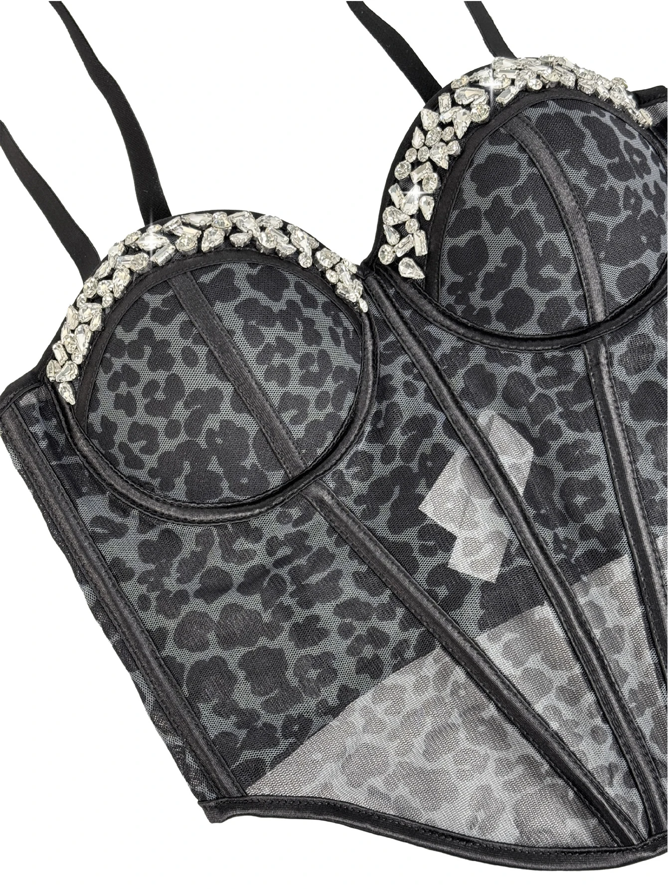 Sexy leopard print rhinestone corset crop top women summer club party tops woman street wear white mesh cropped halter tank top