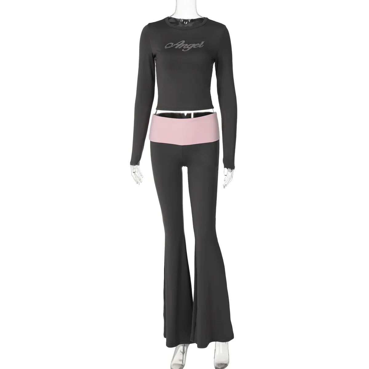 CPSYMYM Casual Two Piece Pants Set for Women Autumn Diamond Patchwork Long Sleeve Tops Contrast Flare Pants Joggers Matching Se