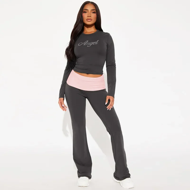 CPSYMYM Casual Two Piece Pants Set for Women Autumn Diamond Patchwork Long Sleeve Tops Contrast Flare Pants Joggers Matching Se