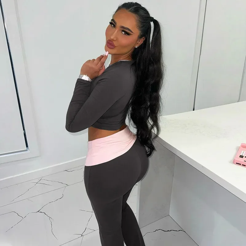 CPSYMYM Casual Two Piece Pants Set for Women Autumn Diamond Patchwork Long Sleeve Tops Contrast Flare Pants Joggers Matching Se