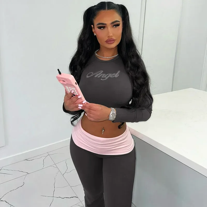 CPSYMYM Casual Two Piece Pants Set for Women Autumn Diamond Patchwork Long Sleeve Tops Contrast Flare Pants Joggers Matching Se