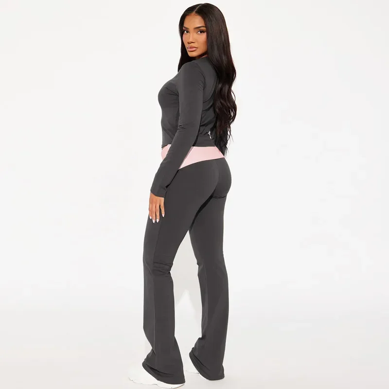 CPSYMYM Casual Two Piece Pants Set for Women Autumn Diamond Patchwork Long Sleeve Tops Contrast Flare Pants Joggers Matching Se