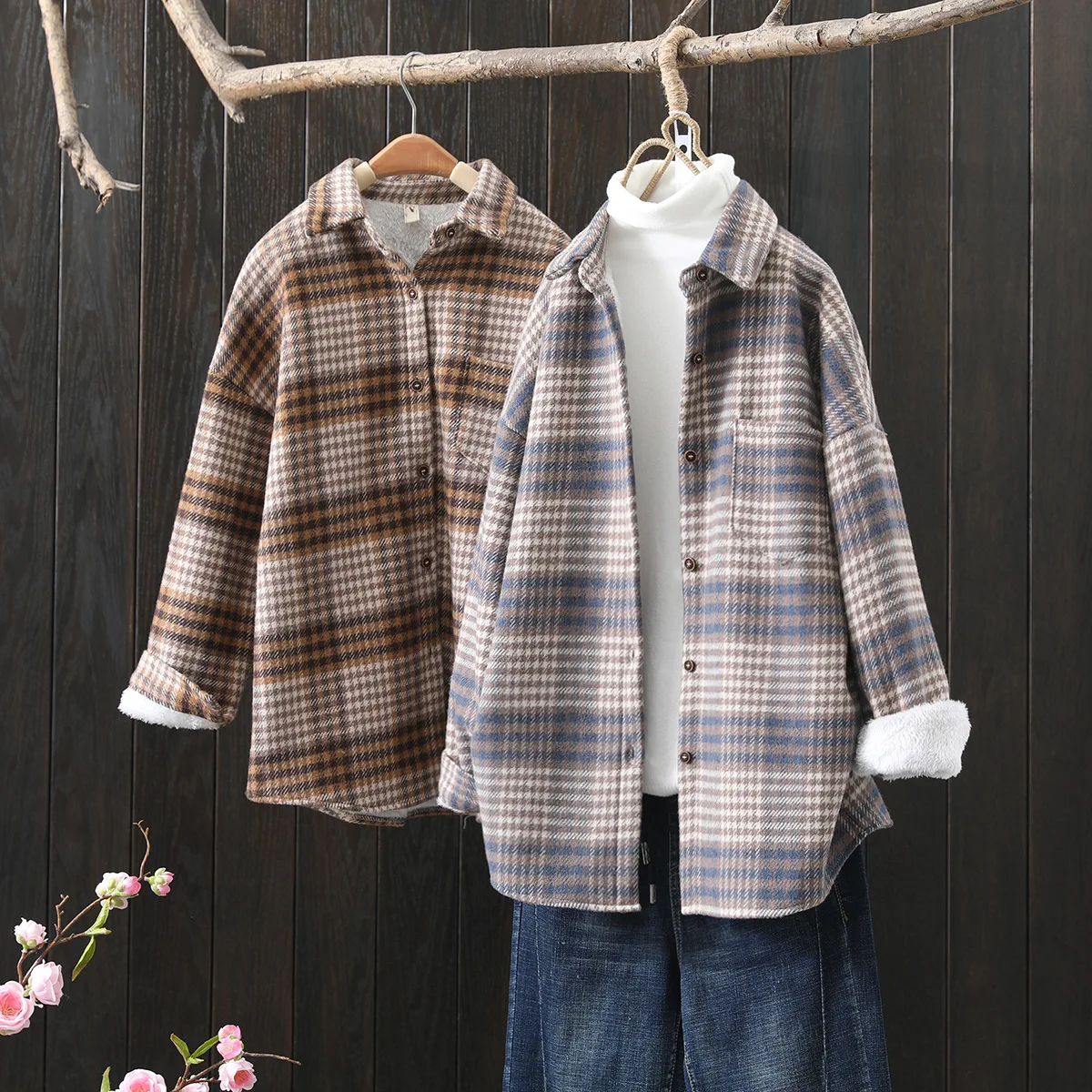 Winter New Women Vintage Oversize Woolen Plaid Shirts Warm Full Sleeve Thick Trun-down Collar Fleece Blouse Casual Outwear T1O90