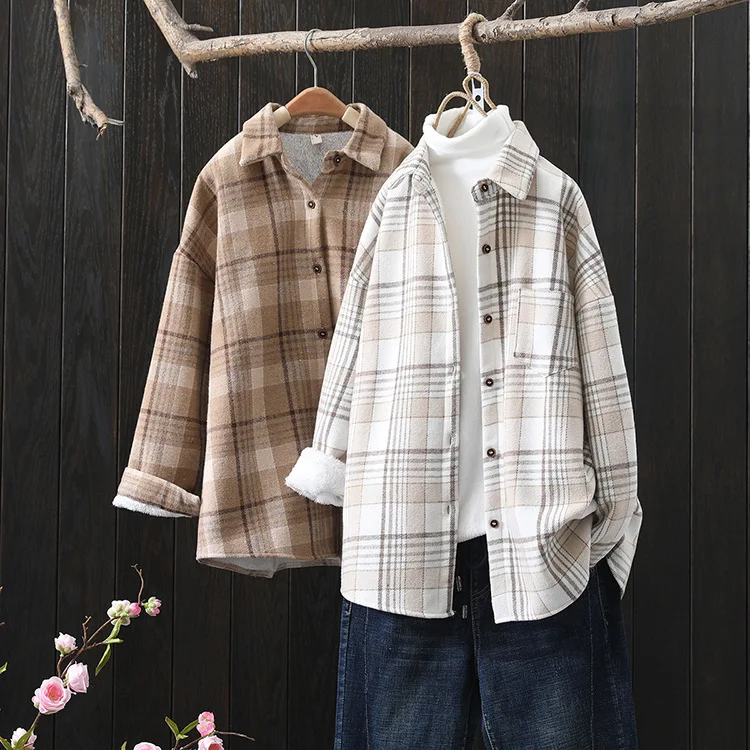 Winter New Women Vintage Oversize Woolen Plaid Shirts Warm Full Sleeve Thick Trun-down Collar Fleece Blouse Casual Outwear T1O90