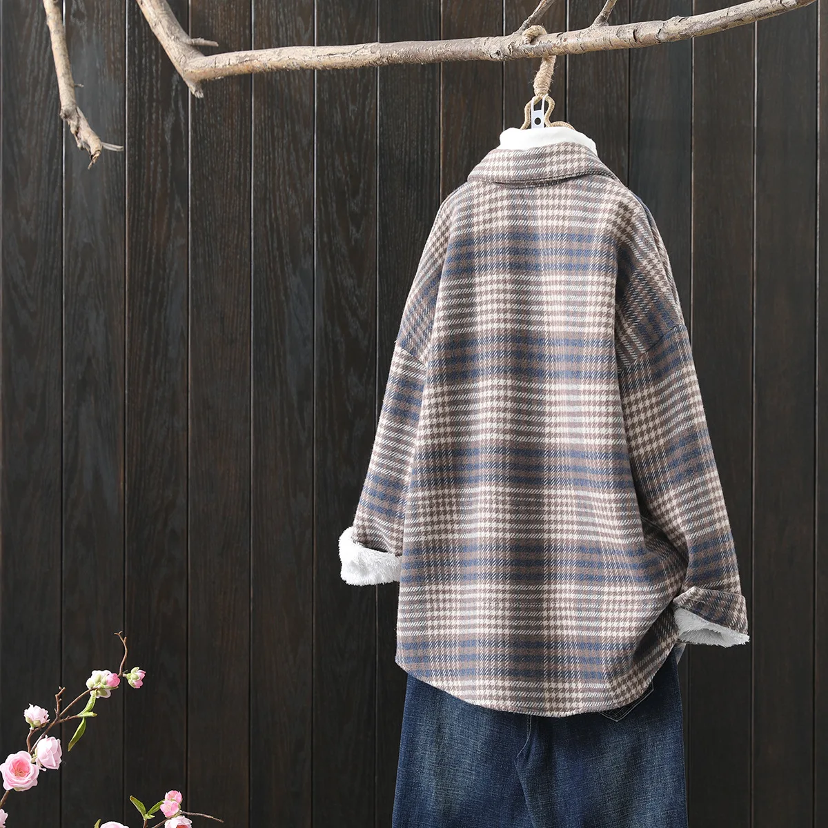 Winter New Women Vintage Oversize Woolen Plaid Shirts Warm Full Sleeve Thick Trun-down Collar Fleece Blouse Casual Outwear T1O90