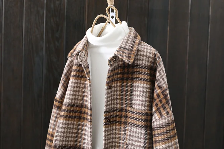Winter New Women Vintage Oversize Woolen Plaid Shirts Warm Full Sleeve Thick Trun-down Collar Fleece Blouse Casual Outwear T1O90