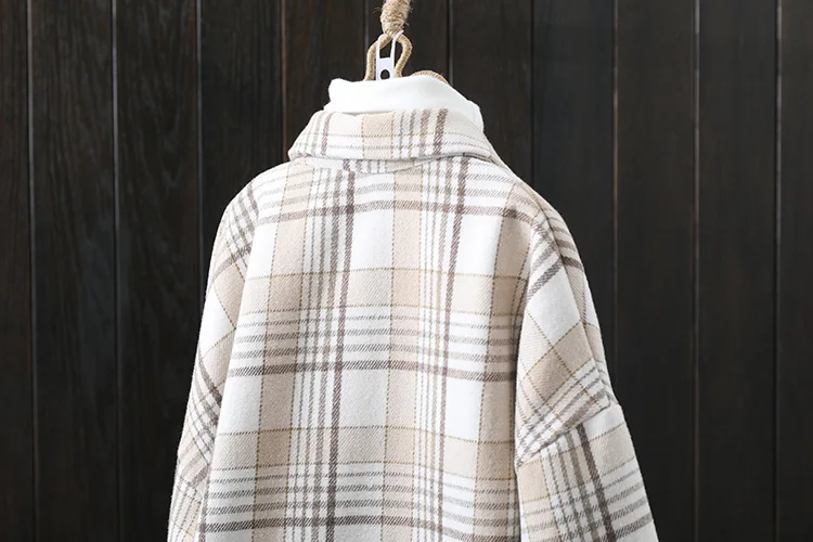 Winter New Women Vintage Oversize Woolen Plaid Shirts Warm Full Sleeve Thick Trun-down Collar Fleece Blouse Casual Outwear T1O90