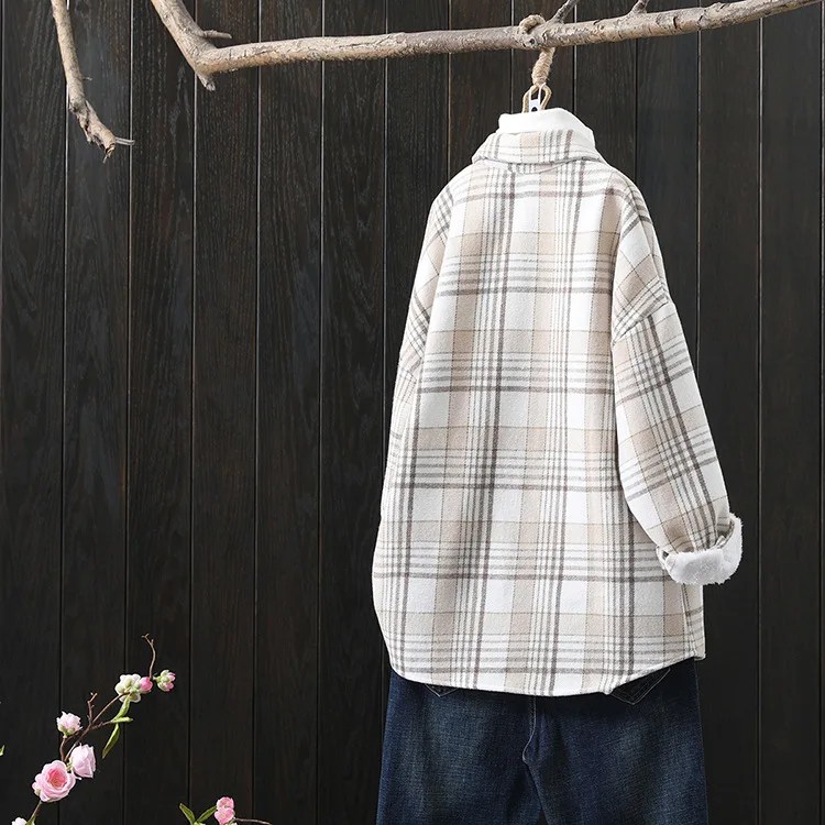 Winter New Women Vintage Oversize Woolen Plaid Shirts Warm Full Sleeve Thick Trun-down Collar Fleece Blouse Casual Outwear T1O90