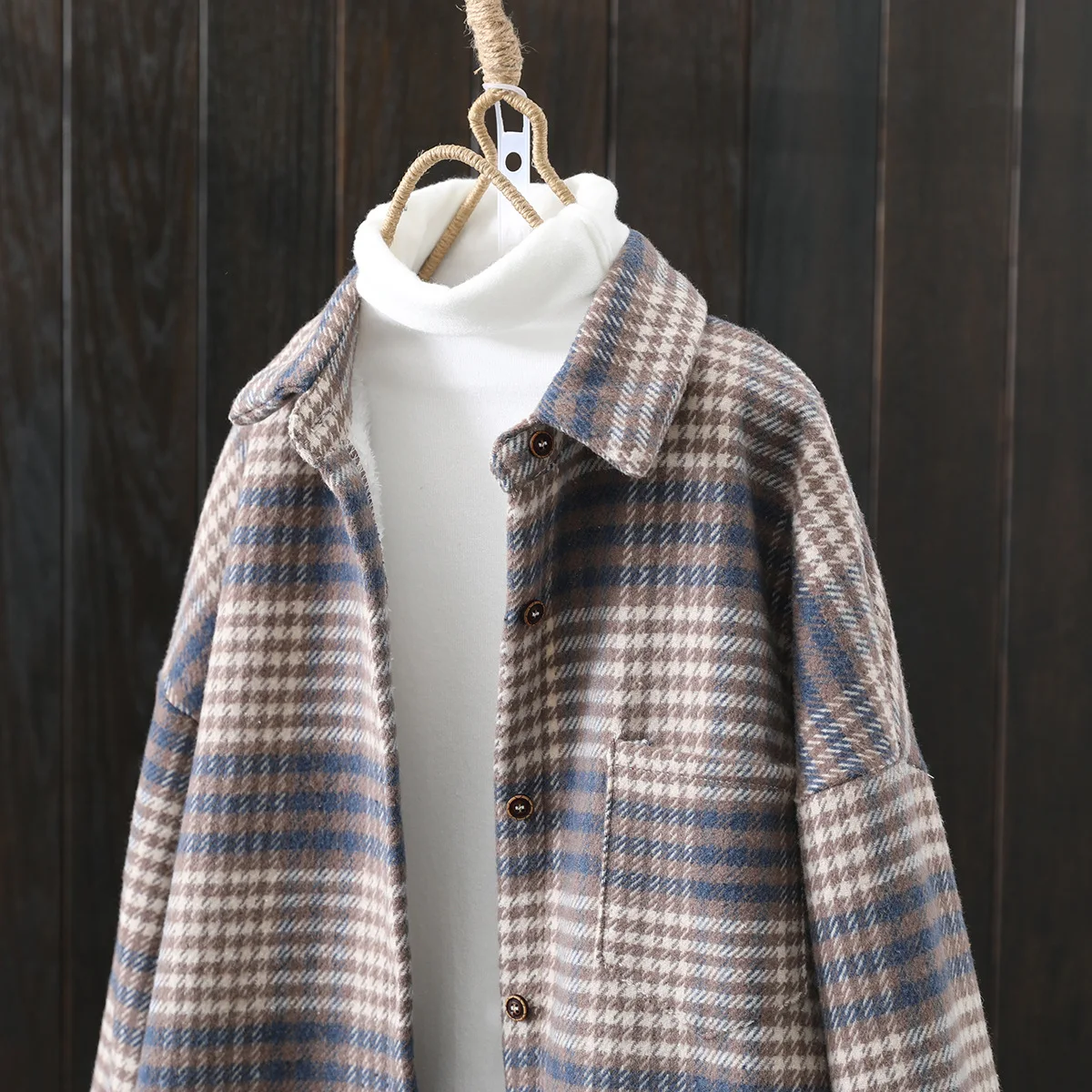 Winter New Women Vintage Oversize Woolen Plaid Shirts Warm Full Sleeve Thick Trun-down Collar Fleece Blouse Casual Outwear T1O90