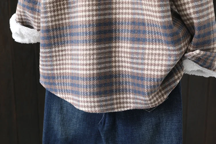 Winter New Women Vintage Oversize Woolen Plaid Shirts Warm Full Sleeve Thick Trun-down Collar Fleece Blouse Casual Outwear T1O90