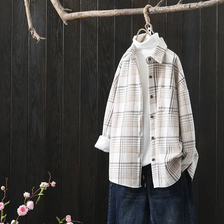 Winter New Women Vintage Oversize Woolen Plaid Shirts Warm Full Sleeve Thick Trun-down Collar Fleece Blouse Casual Outwear T1O90