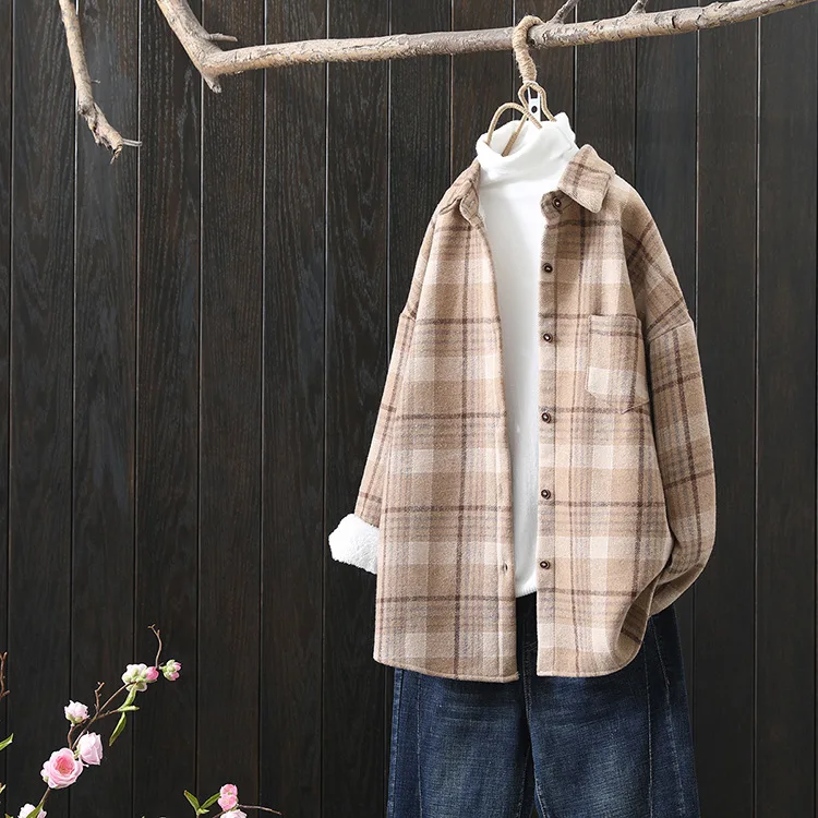 Winter New Women Vintage Oversize Woolen Plaid Shirts Warm Full Sleeve Thick Trun-down Collar Fleece Blouse Casual Outwear T1O90