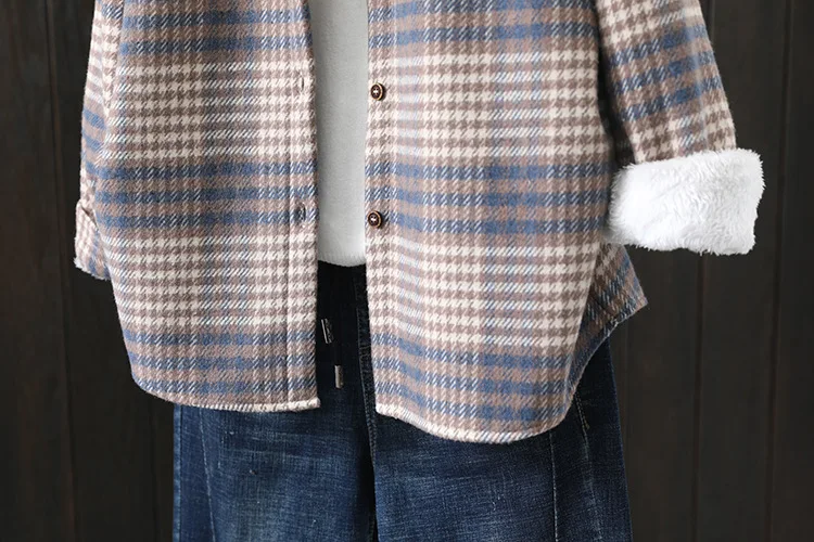 Winter New Women Vintage Oversize Woolen Plaid Shirts Warm Full Sleeve Thick Trun-down Collar Fleece Blouse Casual Outwear T1O90