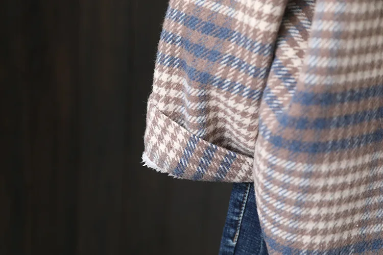 Winter New Women Vintage Oversize Woolen Plaid Shirts Warm Full Sleeve Thick Trun-down Collar Fleece Blouse Casual Outwear T1O90