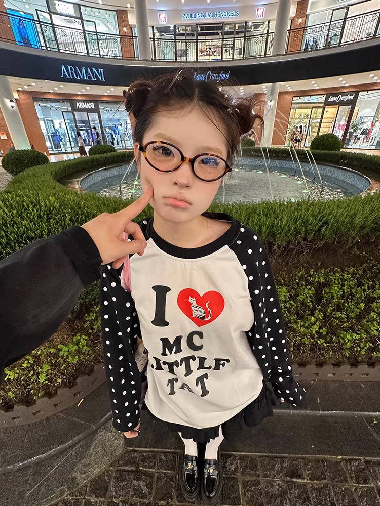Tonngirls Harajuku Print Graphic Tops Loose Casual T-shirt Women Dot Patchwork Y2k Vintage Grunge Tops American Retro Streetwear