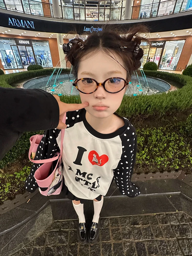Tonngirls Harajuku Print Graphic Tops Loose Casual T-shirt Women Dot Patchwork Y2k Vintage Grunge Tops American Retro Streetwear