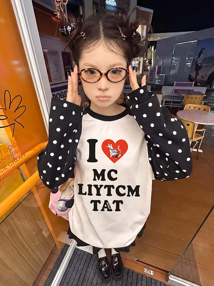 Tonngirls Harajuku Print Graphic Tops Loose Casual T-shirt Women Dot Patchwork Y2k Vintage Grunge Tops American Retro Streetwear