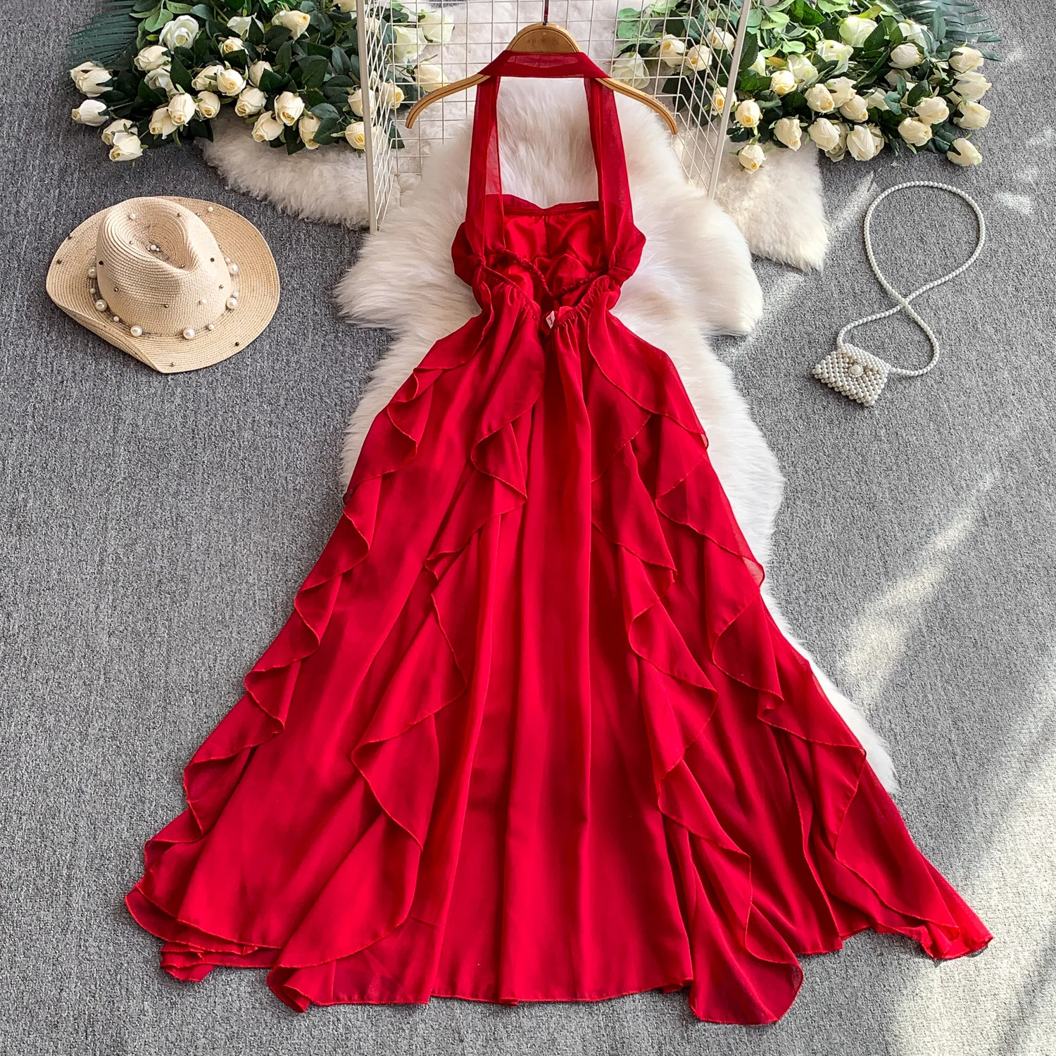 Retro Elegant off shoulder backless slim dress Casual High Waist Dress Women summer Long dress