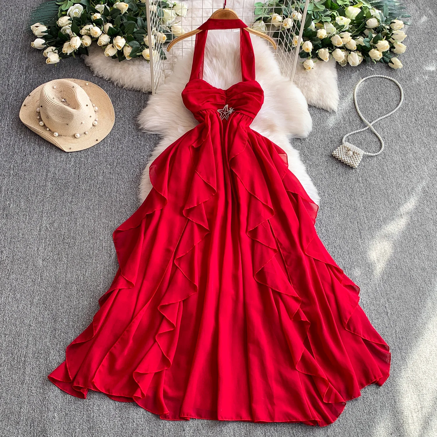 Retro Elegant off shoulder backless slim dress Casual High Waist Dress Women summer Long dress