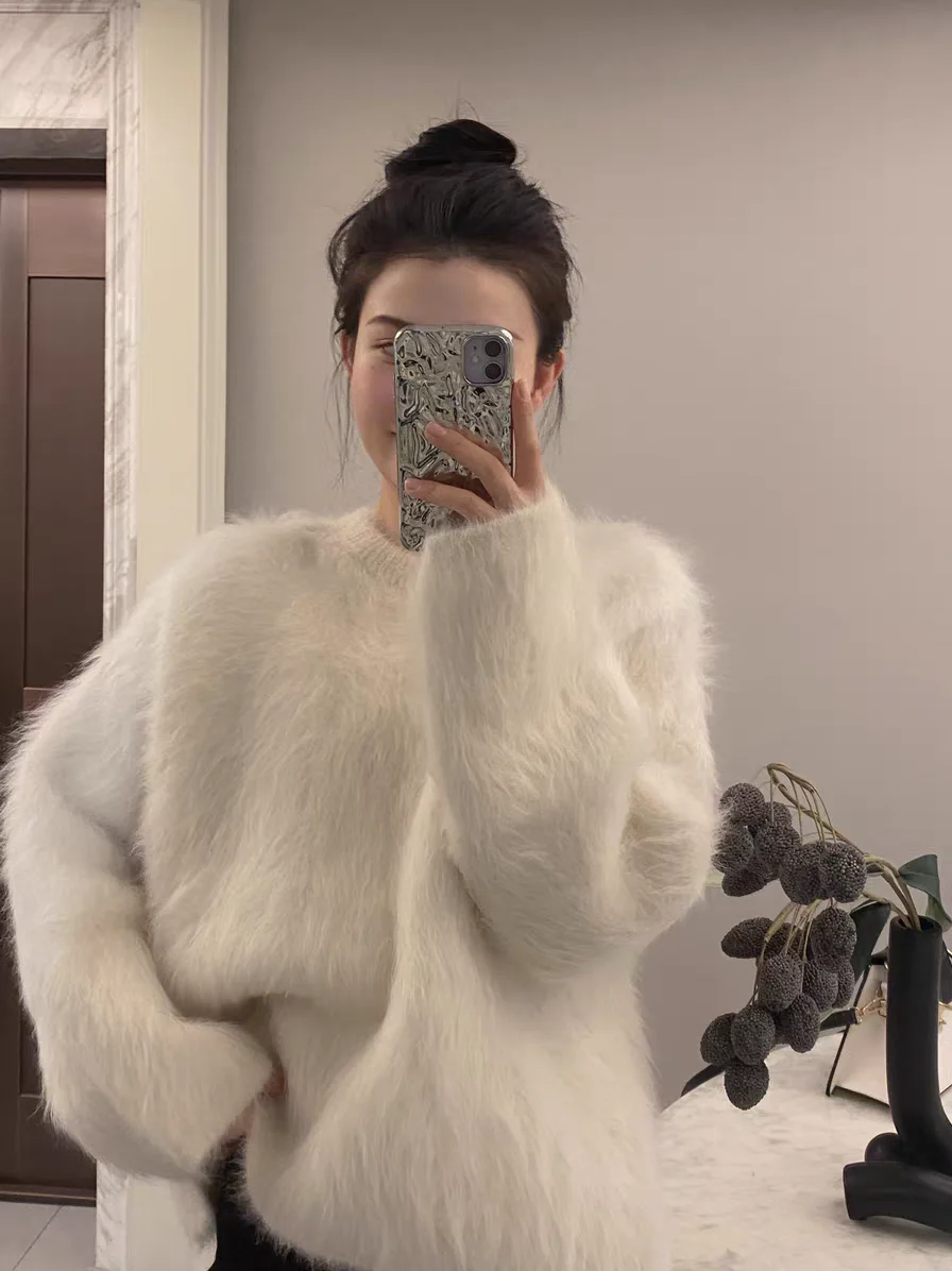 Oversize New Autumn Winter Soft Mohair Sweater Chic Fashion Women O Neck Thick Warm Mink Cashmere Knitted Loose Casual Pullovers
