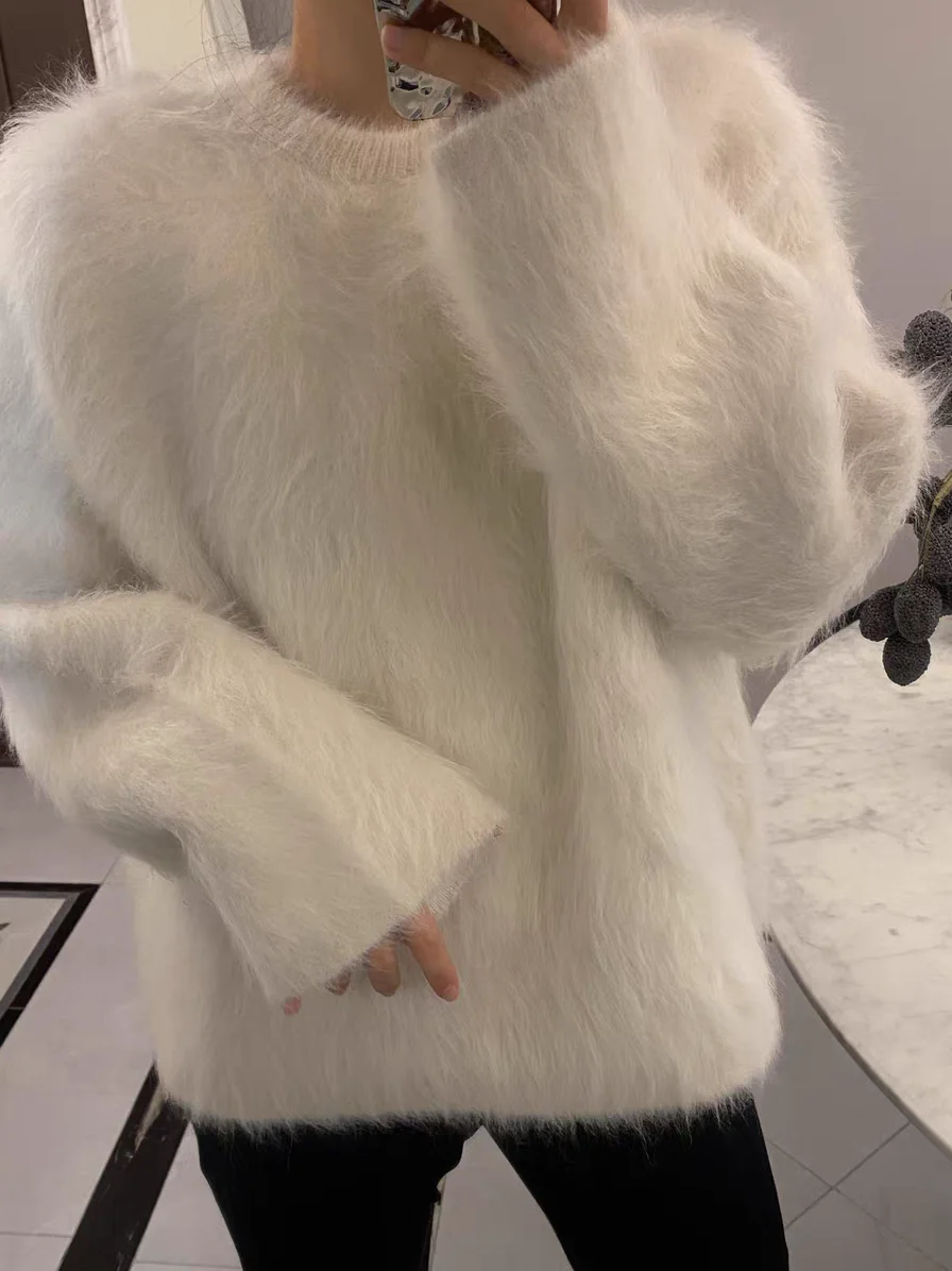 Oversize New Autumn Winter Soft Mohair Sweater Chic Fashion Women O Neck Thick Warm Mink Cashmere Knitted Loose Casual Pullovers