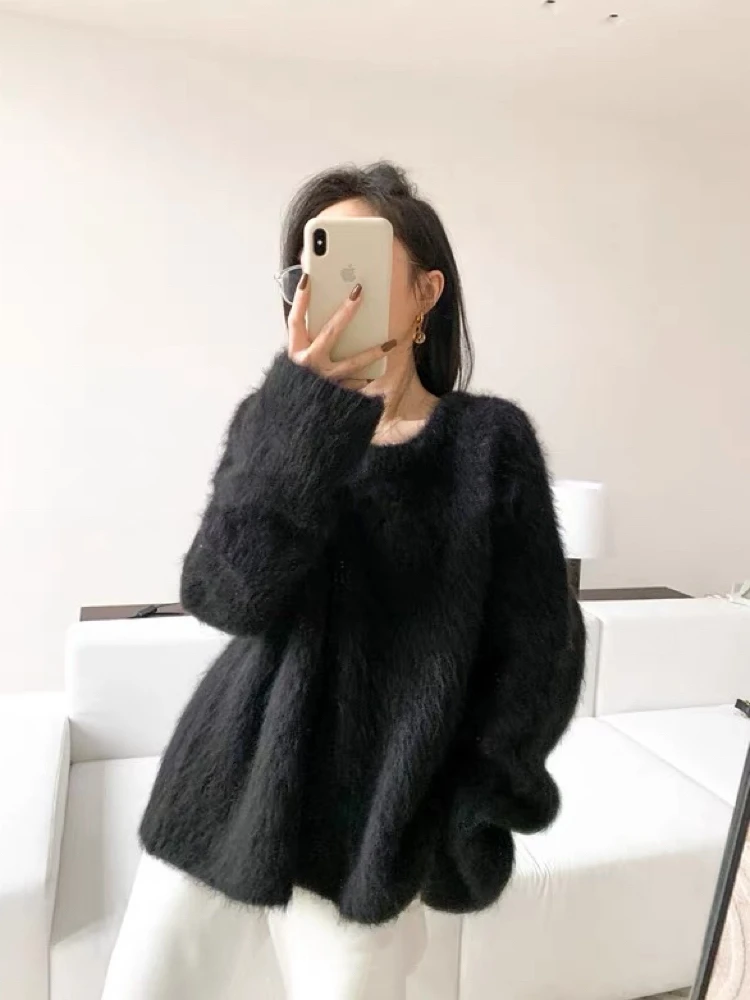 Oversize New Autumn Winter Soft Mohair Sweater Chic Fashion Women O Neck Thick Warm Mink Cashmere Knitted Loose Casual Pullovers