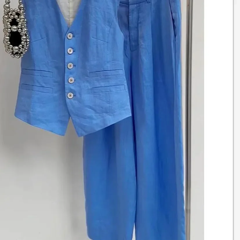 New High End Fashion Women's Two Piece Set Summer Elegant V-neck Sleeveless Tank Slim Shirt + Wide Leg Pants Trousers Suit