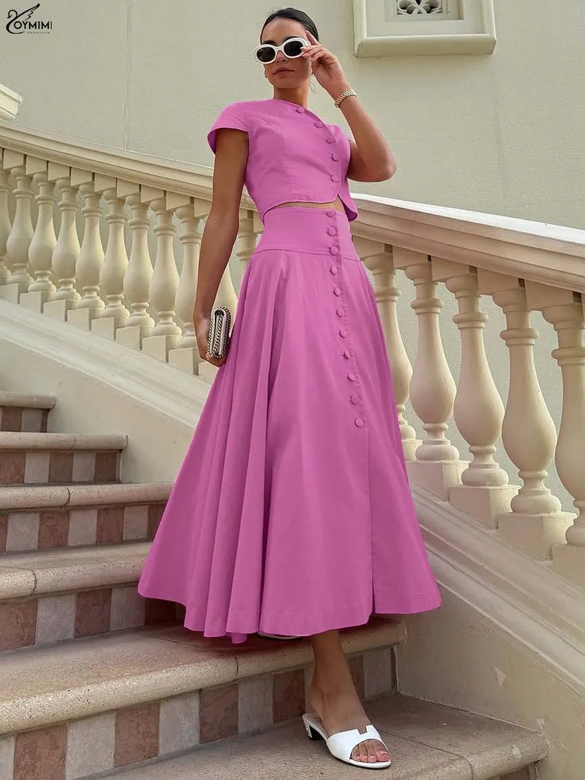 Oymimi Elegant Blue Cotton 2 Pieces Set For Woman Fashion O-Neck Short Sleeve Button Shirts And High Waist Mid-Calf Skirts Sets
