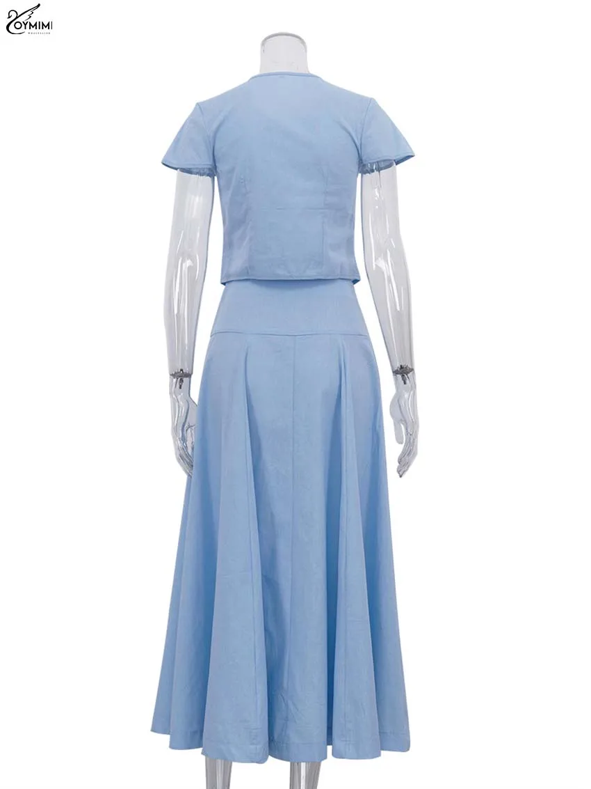 Oymimi Elegant Blue Cotton 2 Pieces Set For Woman Fashion O-Neck Short Sleeve Button Shirts And High Waist Mid-Calf Skirts Sets