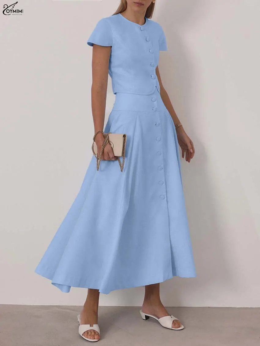 Oymimi Elegant Blue Cotton 2 Pieces Set For Woman Fashion O-Neck Short Sleeve Button Shirts And High Waist Mid-Calf Skirts Sets