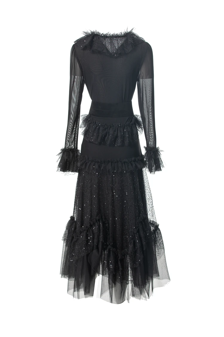 Women's Runway Dresses Sexy V Neck Long Sleeves Ruffles Mesh Elegant Fashion Casual Vestidos Prom