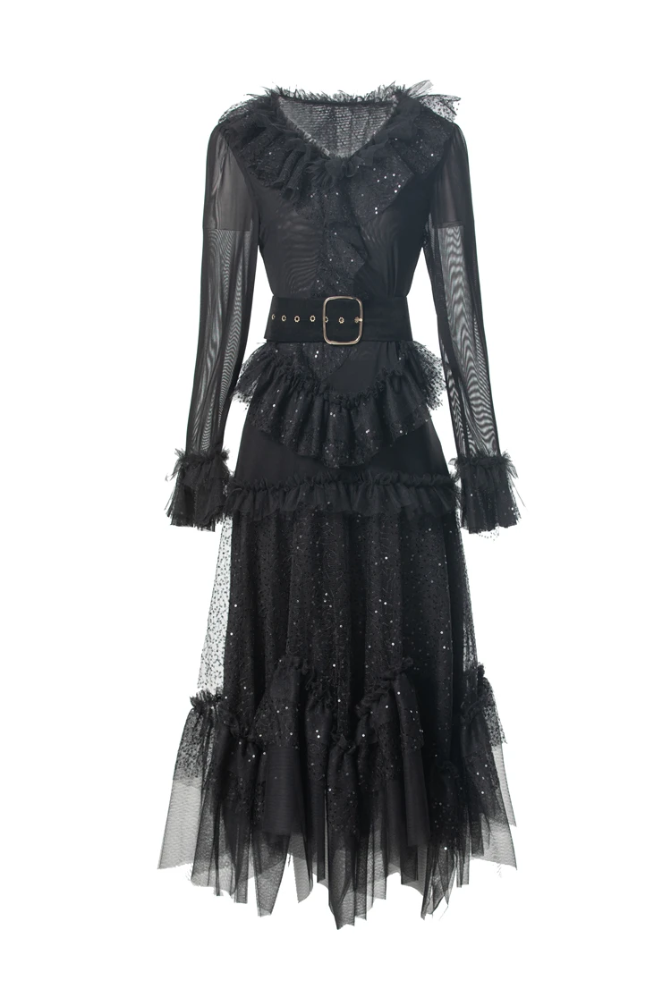 Women's Runway Dresses Sexy V Neck Long Sleeves Ruffles Mesh Elegant Fashion Casual Vestidos Prom