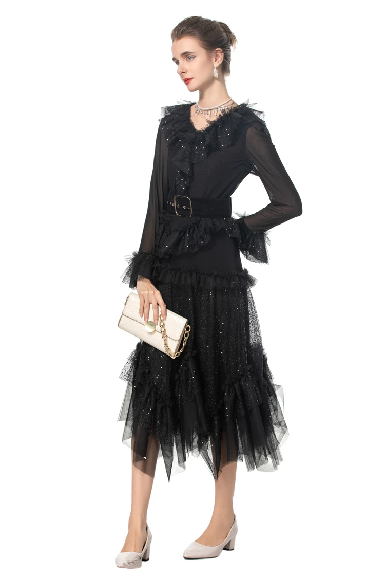 Women's Runway Dresses Sexy V Neck Long Sleeves Ruffles Mesh Elegant Fashion Casual Vestidos Prom
