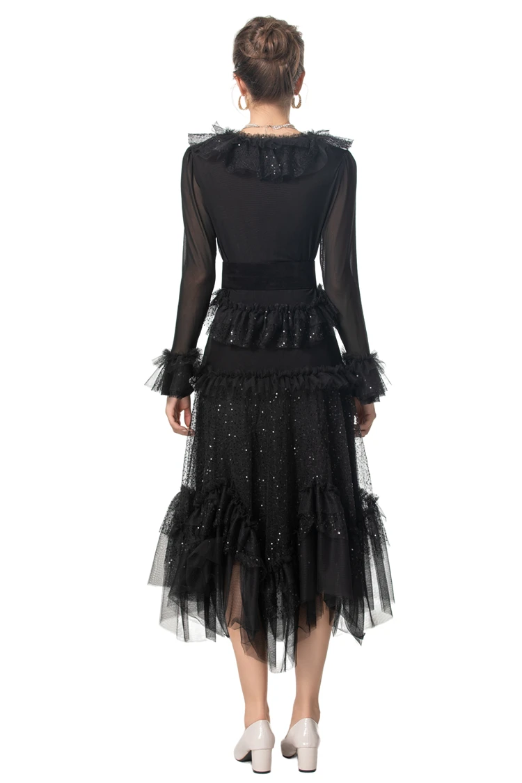 Women's Runway Dresses Sexy V Neck Long Sleeves Ruffles Mesh Elegant Fashion Casual Vestidos Prom