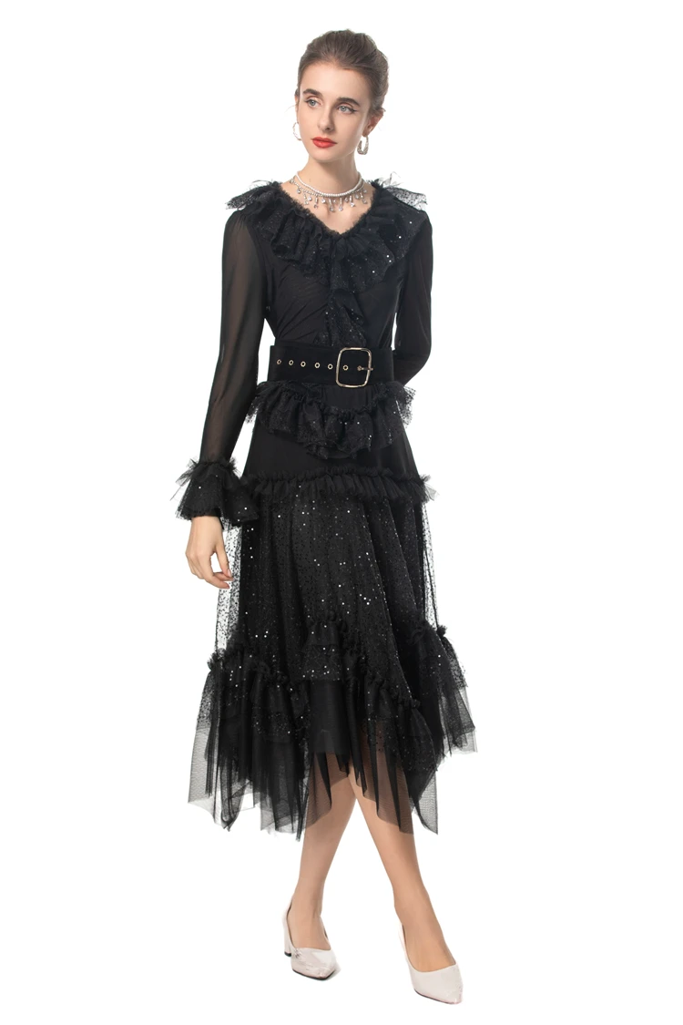Women's Runway Dresses Sexy V Neck Long Sleeves Ruffles Mesh Elegant Fashion Casual Vestidos Prom