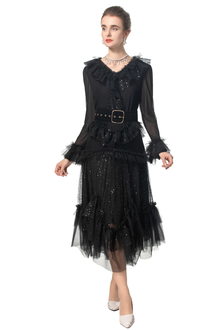 Women's Runway Dresses Sexy V Neck Long Sleeves Ruffles Mesh Elegant Fashion Casual Vestidos Prom